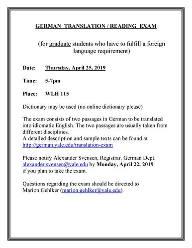 Translation Exam, Thursday April 25 at 5pm in WLH 115