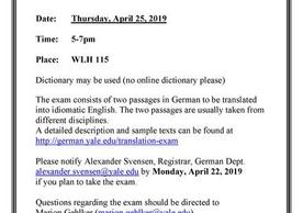 Translation Exam, Thursday April 25 at 5pm in WLH 115